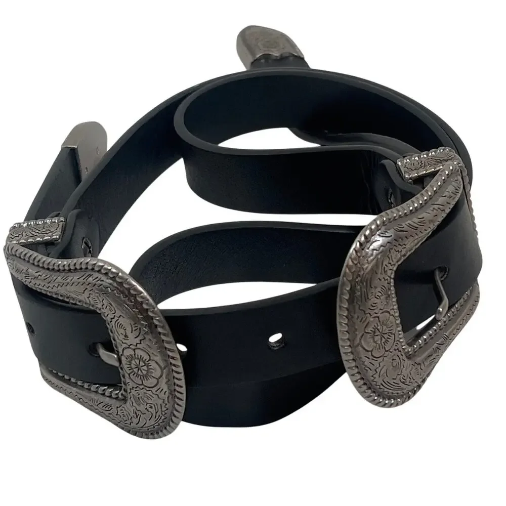 Black Western Style Faux Leather Double Buckle Belt Silver Hardware Unisex 34